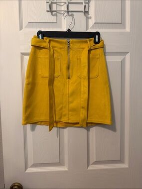 Express Yellow Belted Front-Zip Mini Skirt